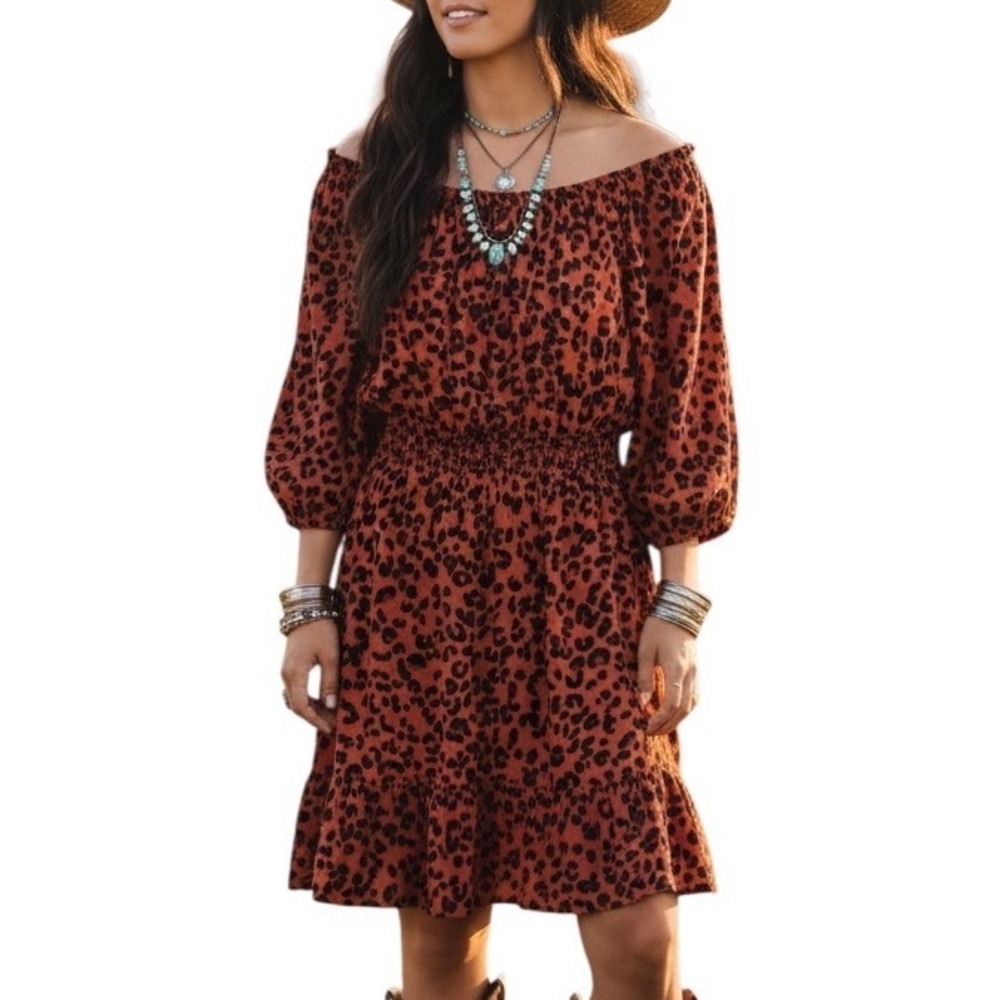 Knox Rose Rust Leopard Print Smocked Off Shoulder Dress XL‎ Boho Animal Print